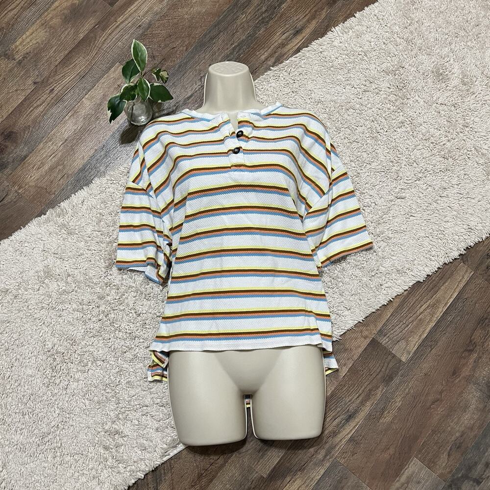 Urban Outfitters Medium Oversized Striped Textured Cropped Pull-On Henley Top